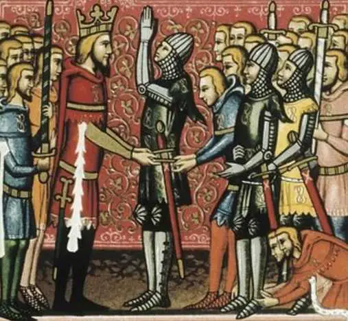 Roldan recibe espada de Carlo Magno